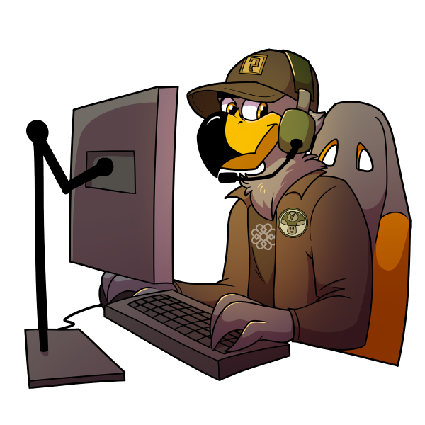 BCC's Falcon Mascot playing video game