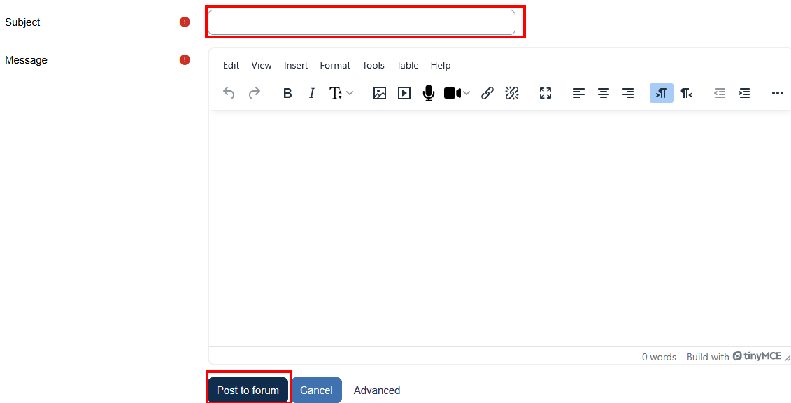 screenshot of discussion forum post screen with Word import button highlighted