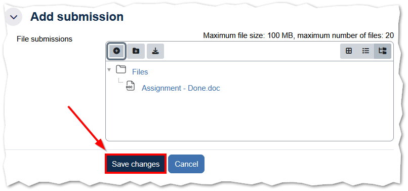 A screenshot of File submissions screen where a Word Document icon is now appeared inside the Files Drag and Drop box