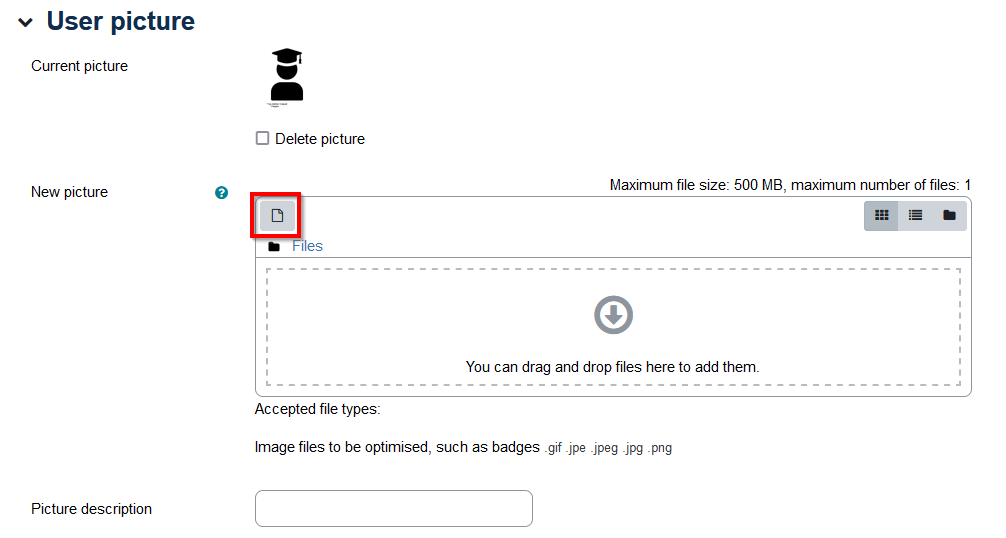 screen shot of adding moodle profile icon