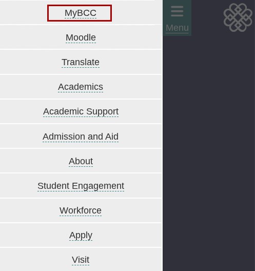 location of myBCC in mobile navigation menu